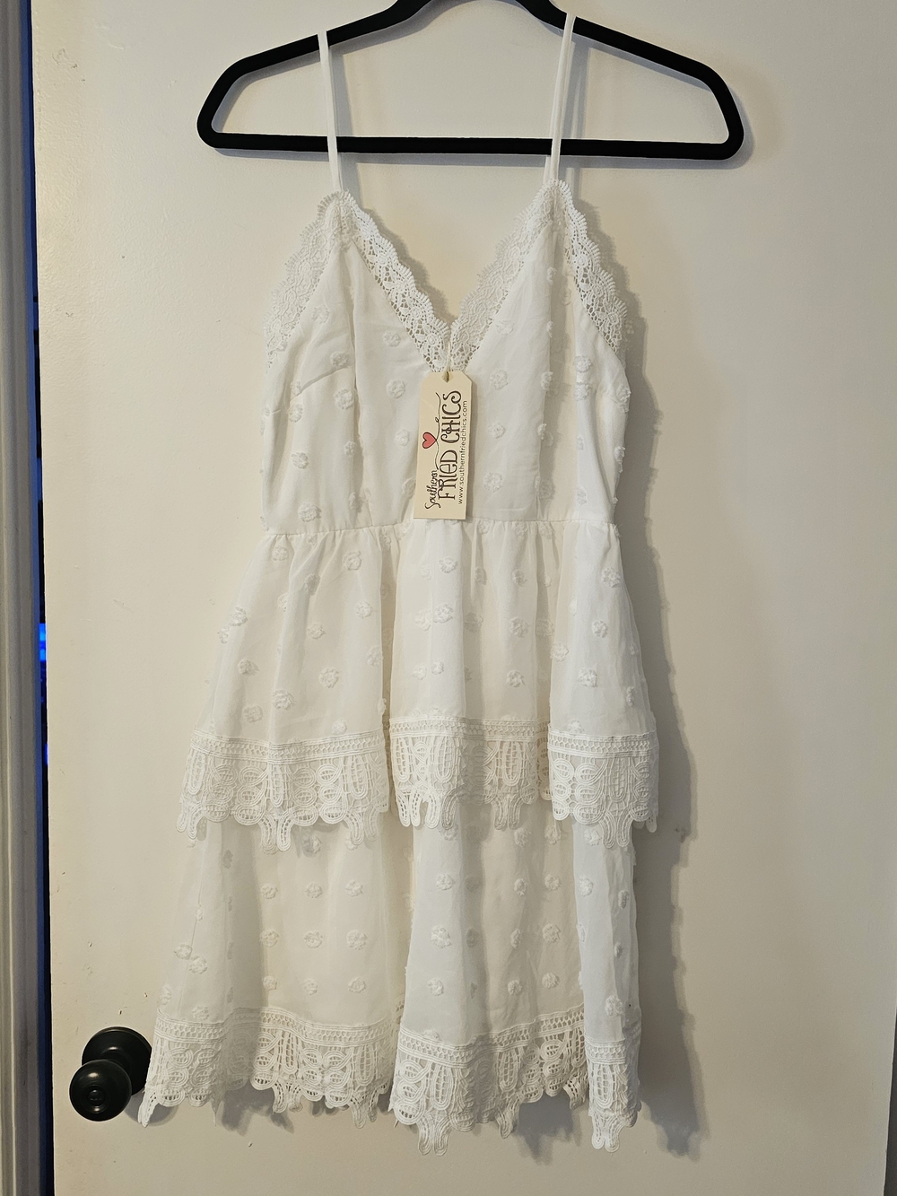 *NWT* Southern Fried Chics Embroidered White Mini Spaghetti Strap Dress Size XS